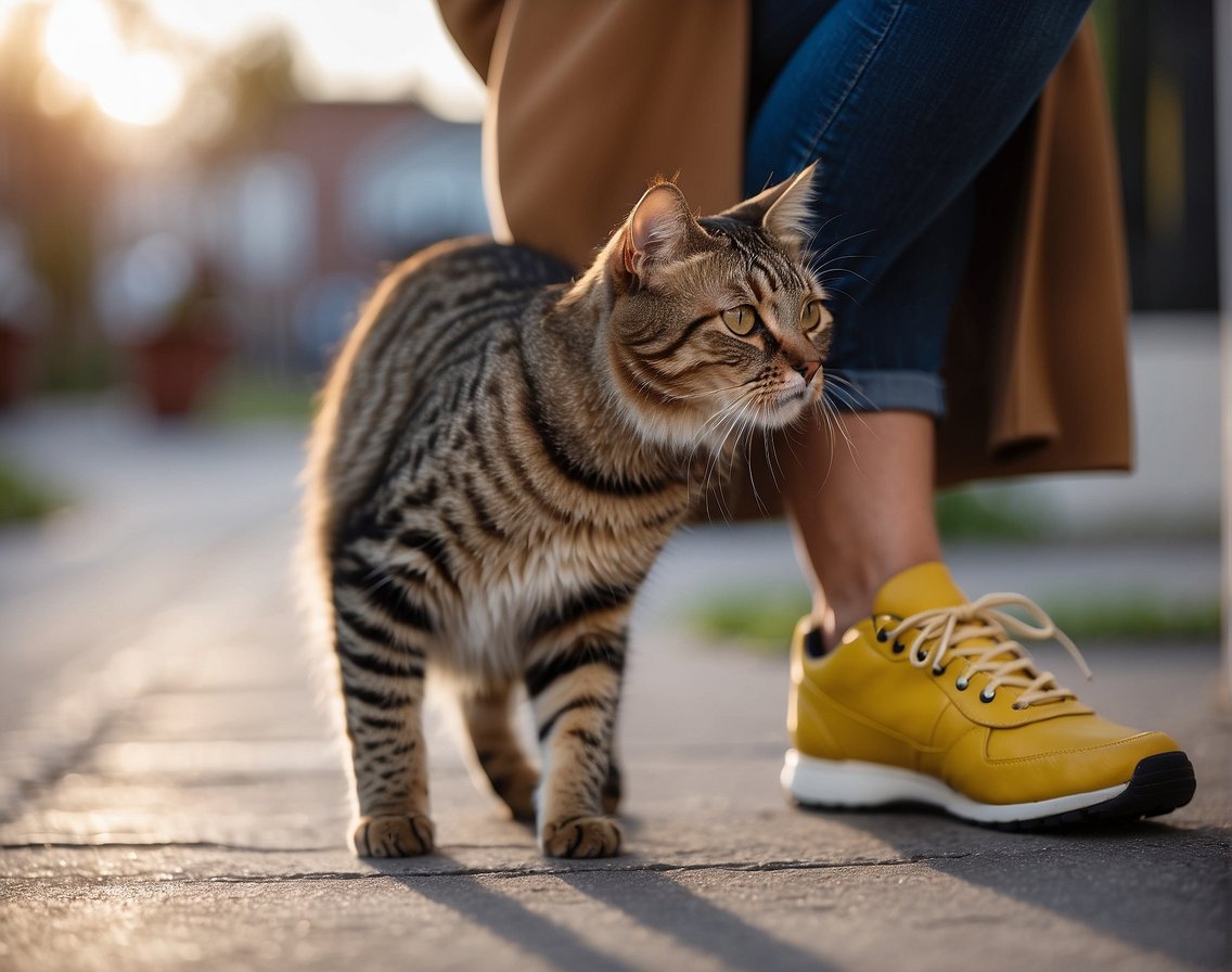 A cat nuzzles against a person's leg, purring contentedly. Its tail is upright and it blinks slowly, showing trust and affection