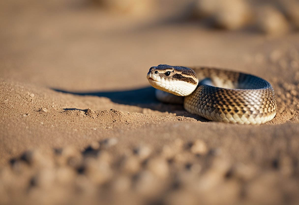 A rattlesnake coils in the desert sand, scales glinting in the sunlight, tongue flicking out to taste the air