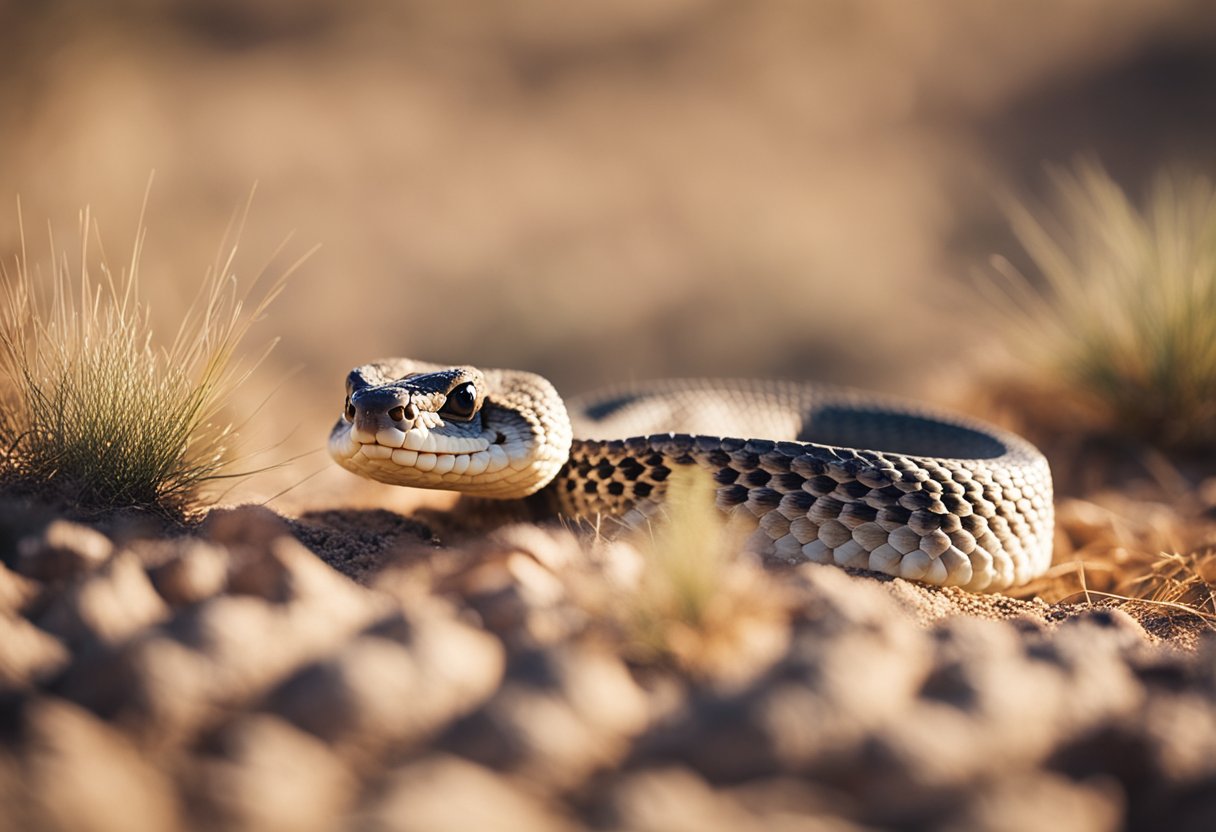 A rattlesnake poised to strike in desert terrain