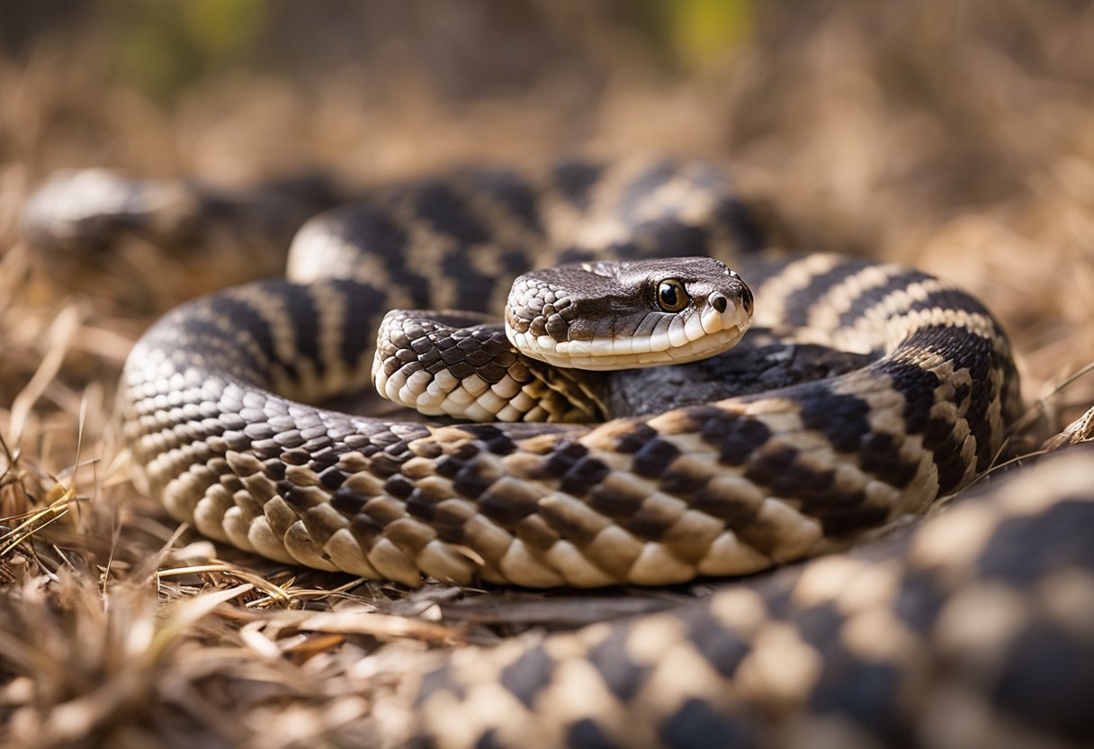 A rattlesnake is coiled, ready to strike, with a vial labeled "Efficacy and Research" nearby