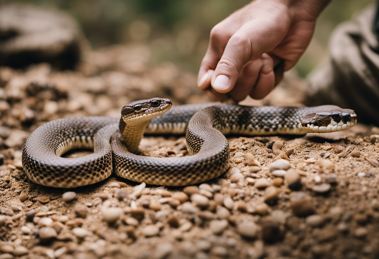 A rattlesnake is being given a shot by a person following administration guidelines