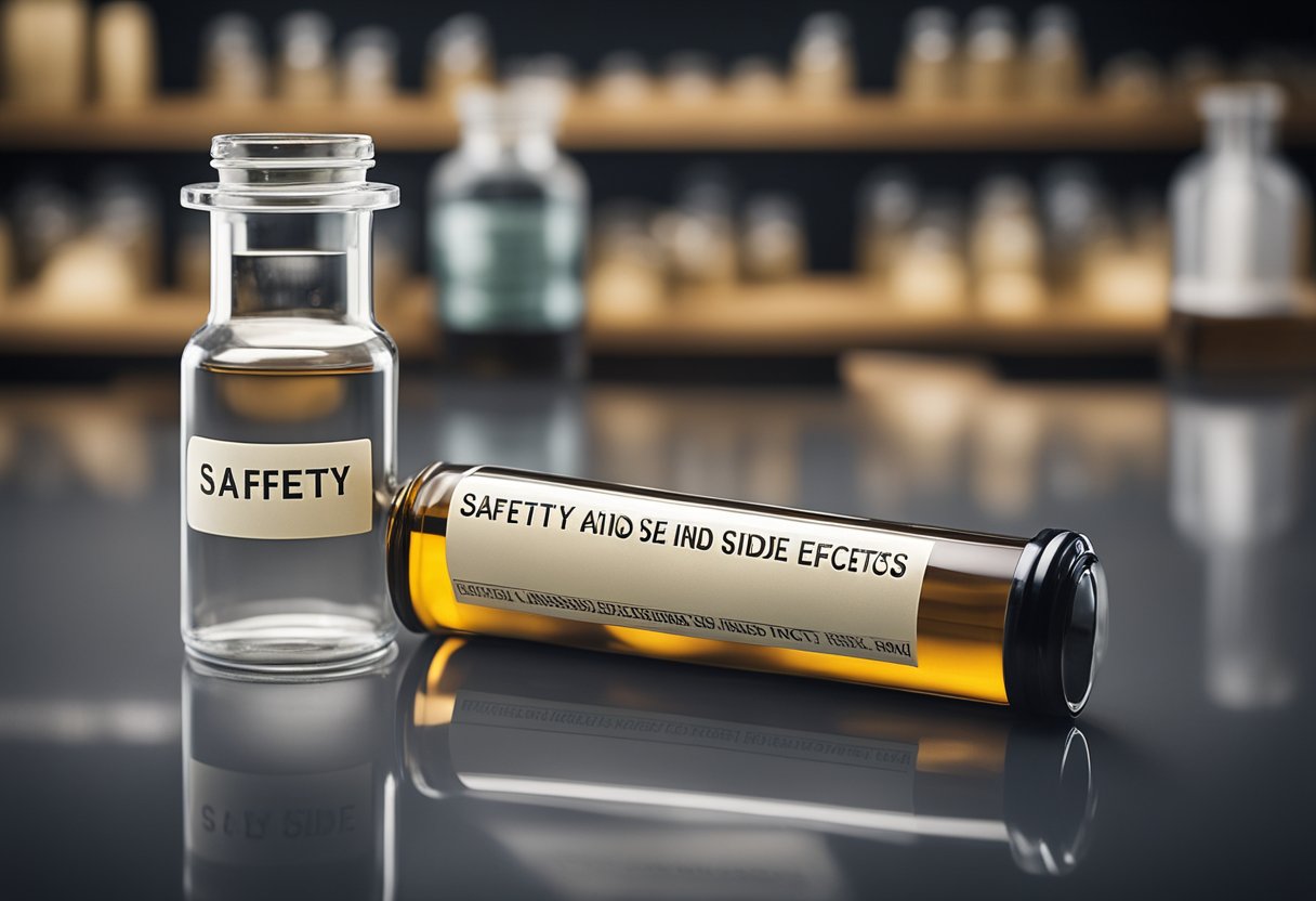A rattlesnake shot vial labeled "Safety and Side Effects" on a laboratory table