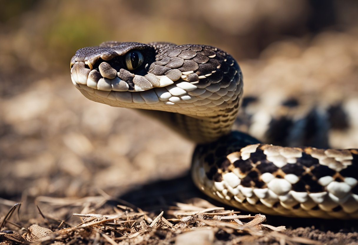A rattlesnake poised to strike, with its tongue flicking out and its rattle shaking, ready to defend itself
