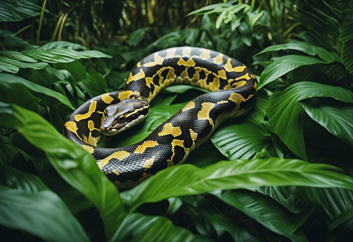 A massive reticulated python slithers through dense jungle foliage