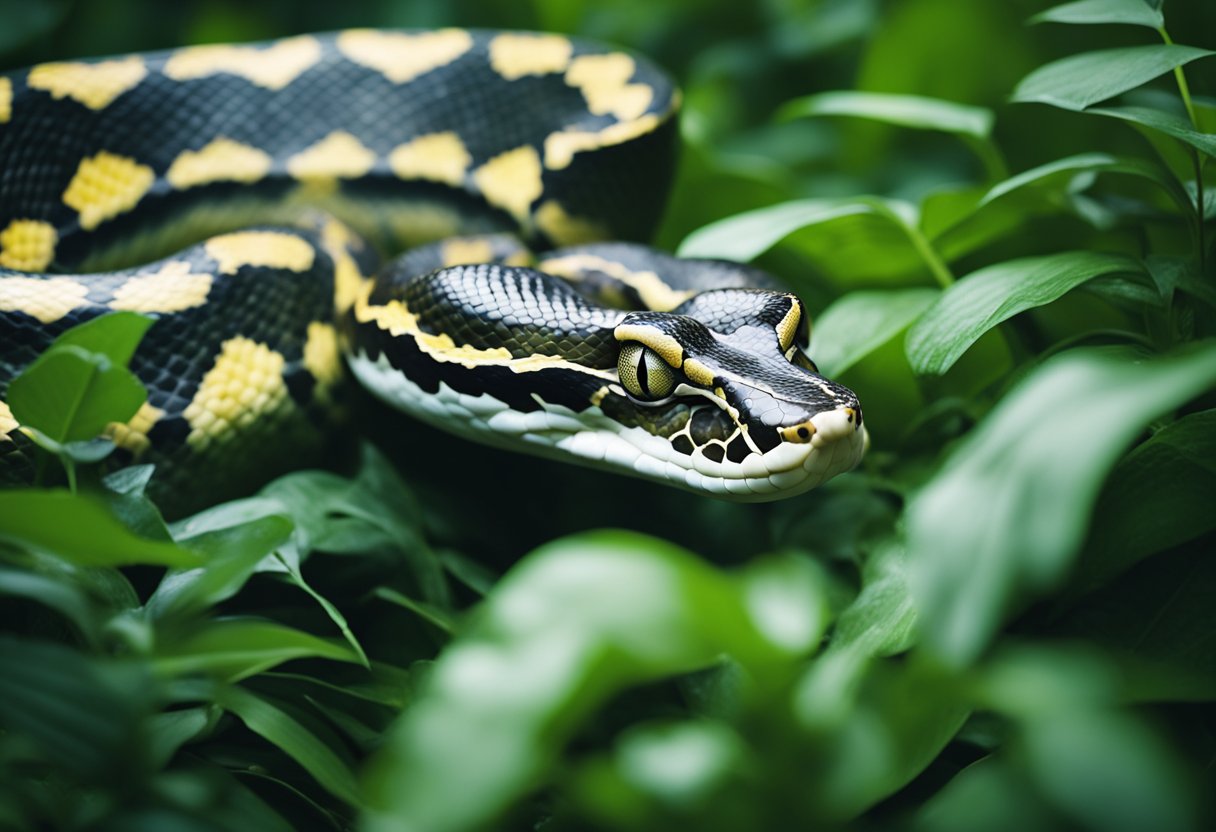 A reticulated python slithers through lush green foliage, its sleek, patterned body stretching out as it moves through the forest underbrush