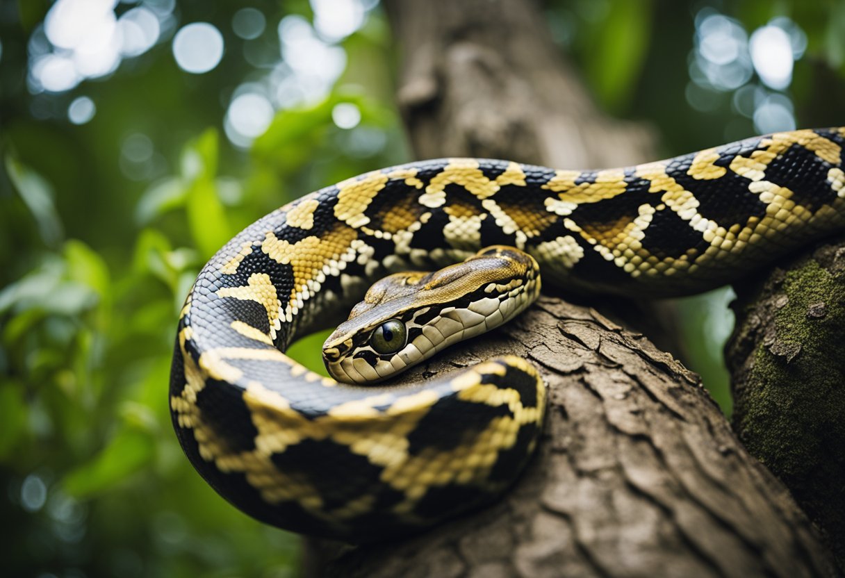 A large reticulated python coils around a tree, its impressive size evident as it stretches out its muscular body