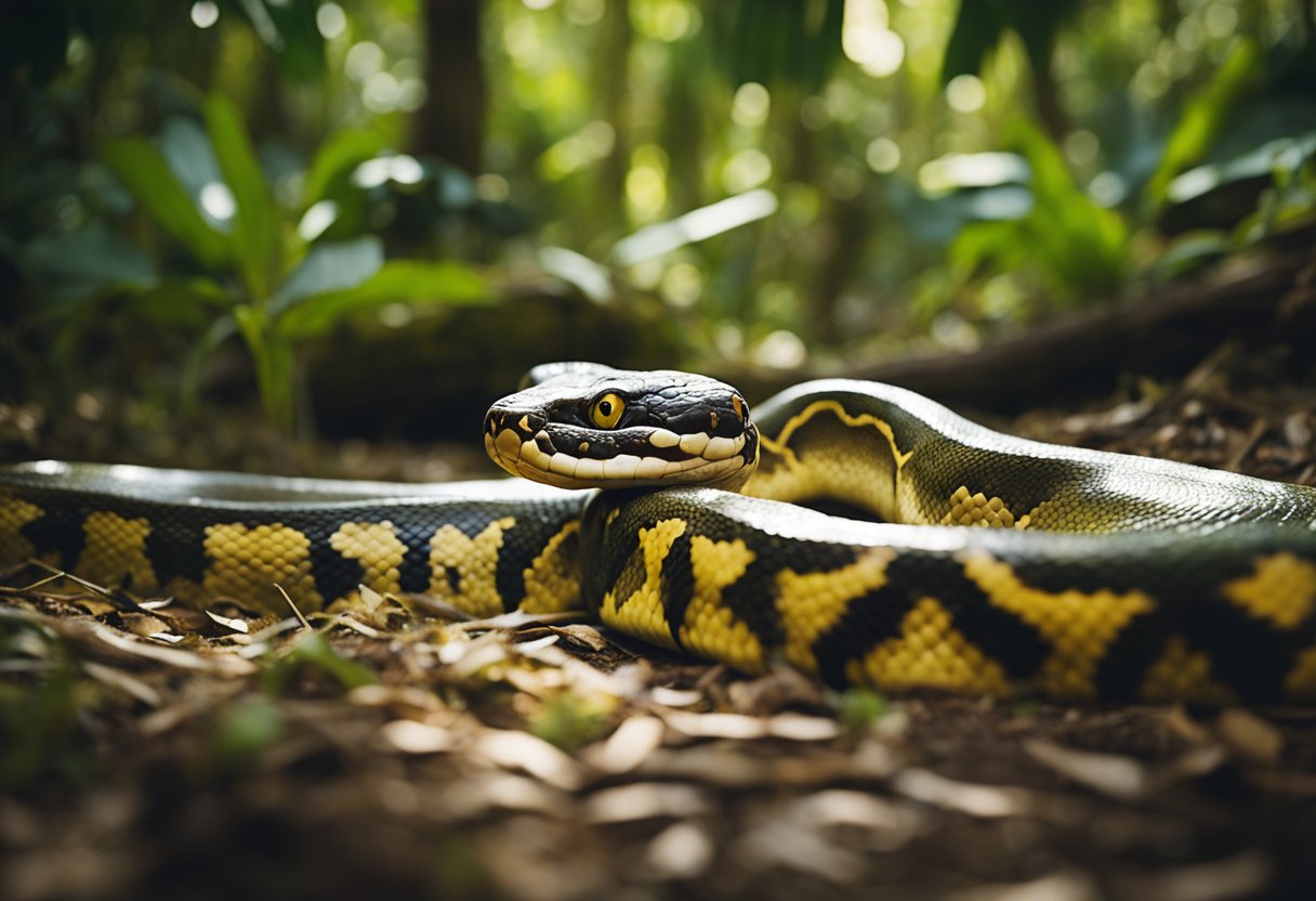 A reticulated python, measuring over 20 feet in length, slithers through a dense tropical forest, its vibrant scales glistening in the dappled sunlight