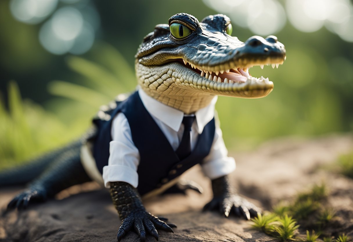 An alligator wearing a tailored vest, standing on its hind legs