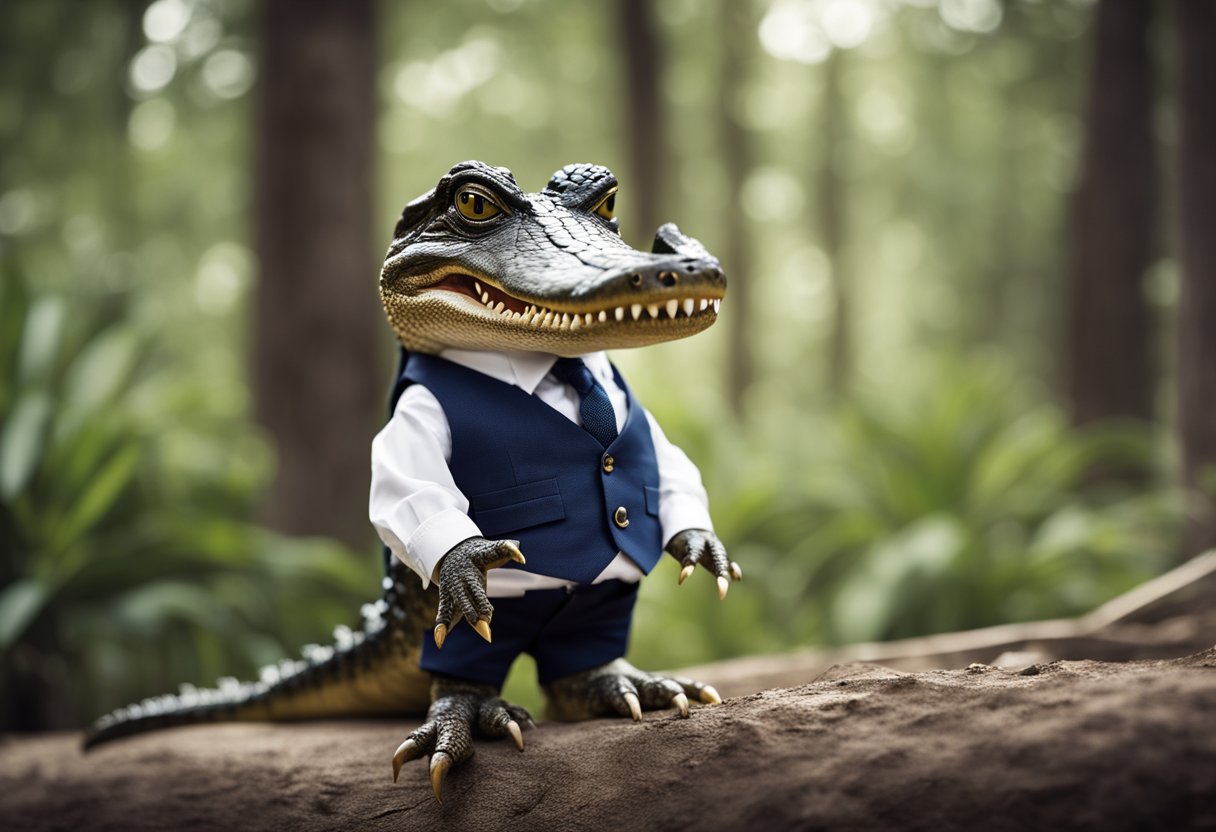 An alligator wearing a formal vest, standing on its hind legs, with a puzzled expression, surrounded by question marks
