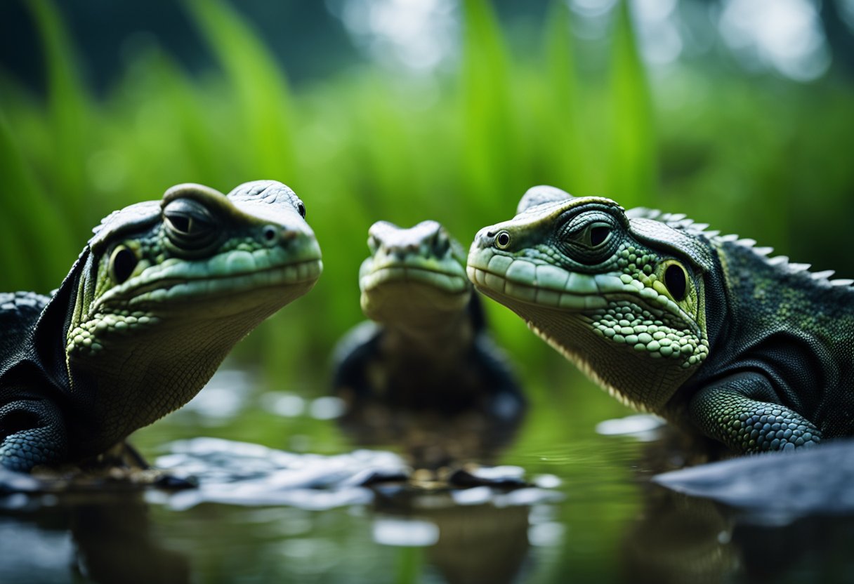 Two reptiles face off in a murky swamp, one with a broad snout and the other with a more pointed one. The larger reptile looms over the smaller one, showcasing its impressive size