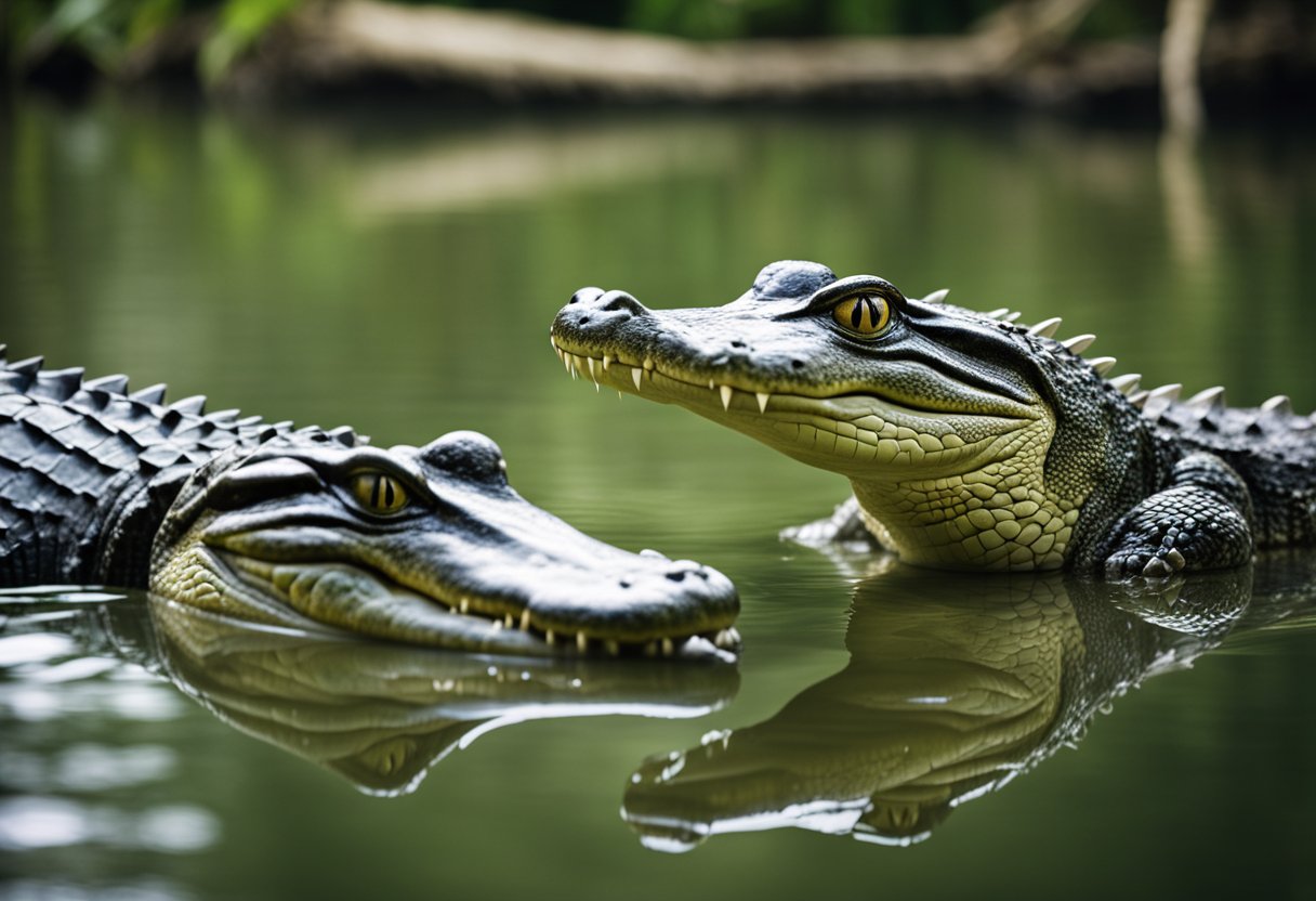 Crocodiles roam in tropical habitats, while alligators prefer freshwater. Illustrate their size difference in a natural setting