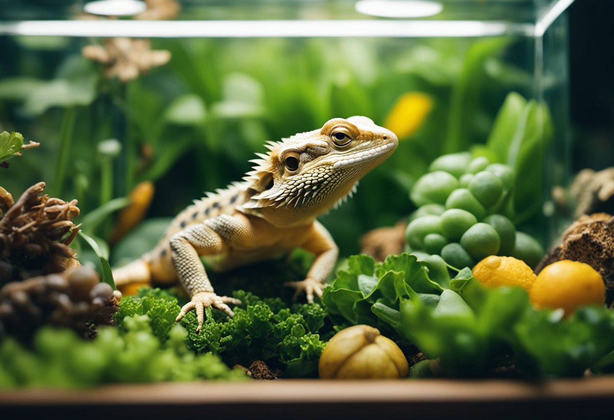 A bearded dragon feasts on a variety of insects, leafy greens, and fruits in its terrarium habitat