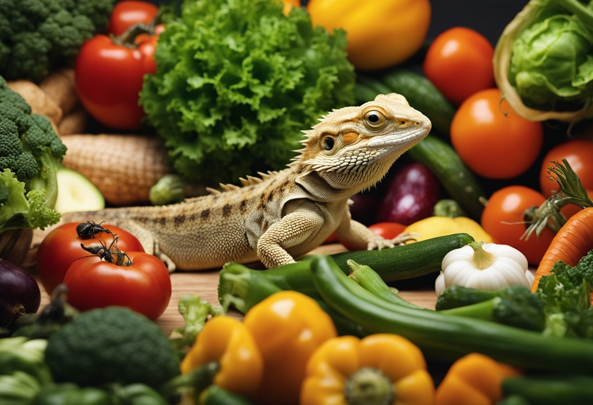 A bearded dragon surrounded by a variety of fresh vegetables, fruits, and insects, depicting a balanced and nutritious diet for the reptile