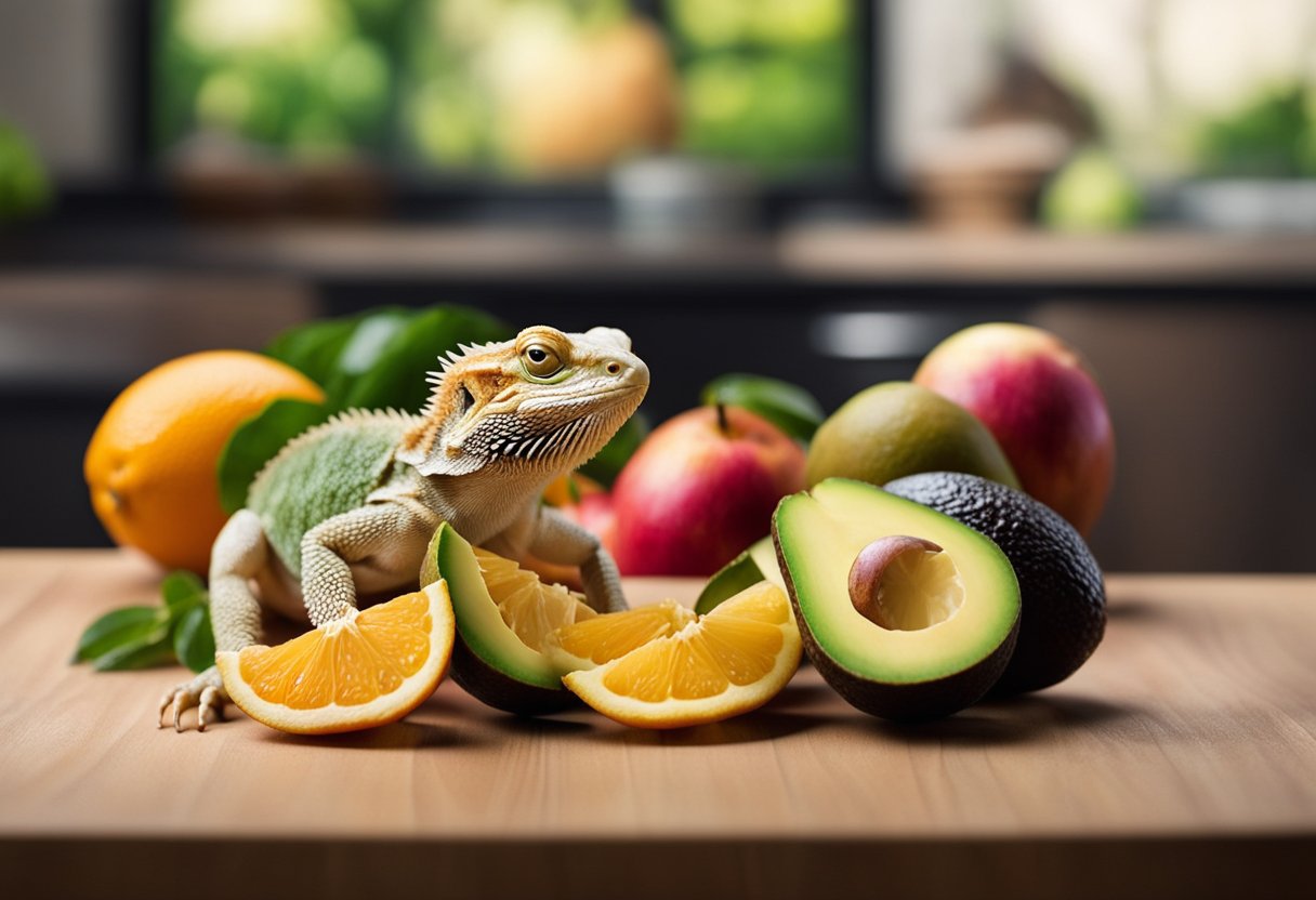 A variety of foods labeled "Foods to Avoid" for bearded dragons, including avocado, rhubarb, and citrus fruits, are scattered on a table