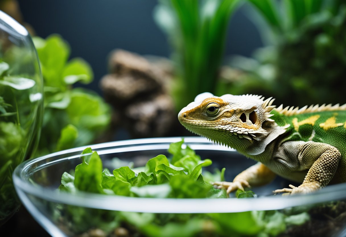A bearded dragon is eating leafy greens and drinking from a shallow dish of water in its terrarium