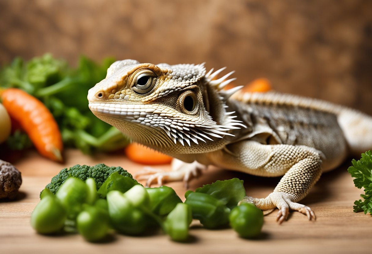 A bearded dragon surrounded by a variety of fresh vegetables and live insects, with a bowl of calcium powder nearby