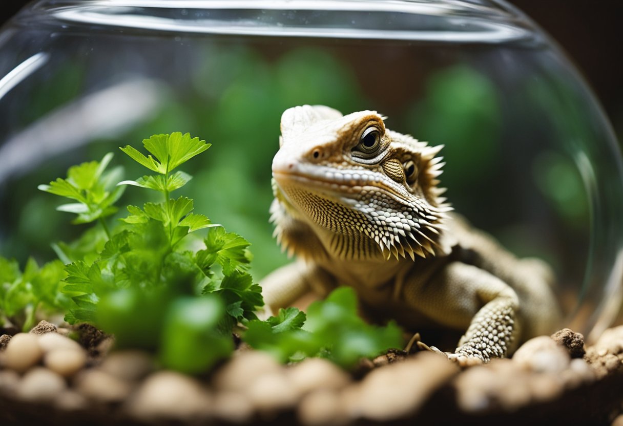 A bearded dragon eagerly eats cilantro from a small dish in its terrarium