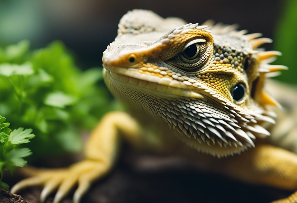 A bearded dragon surrounded by cilantro, showing signs of illness or discomfort after consuming the herb