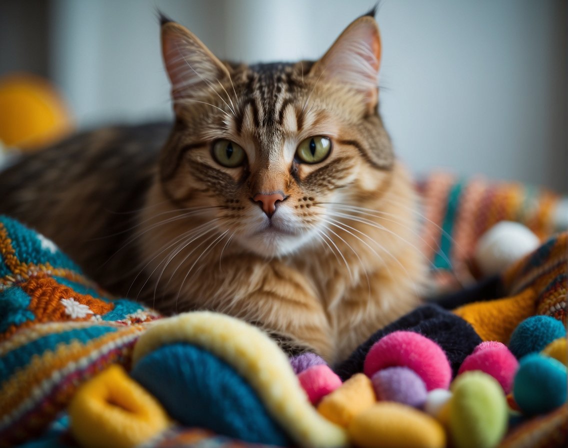 A contented cat lounges on a cozy blanket, eyes half-closed as it purrs softly, surrounded by toys and a bowl of fresh water