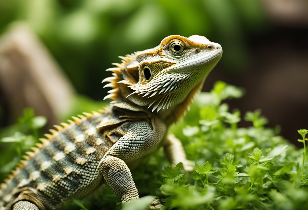 Bearded dragons surrounded by safe herbs and greens, including cilantro, in their habitat
