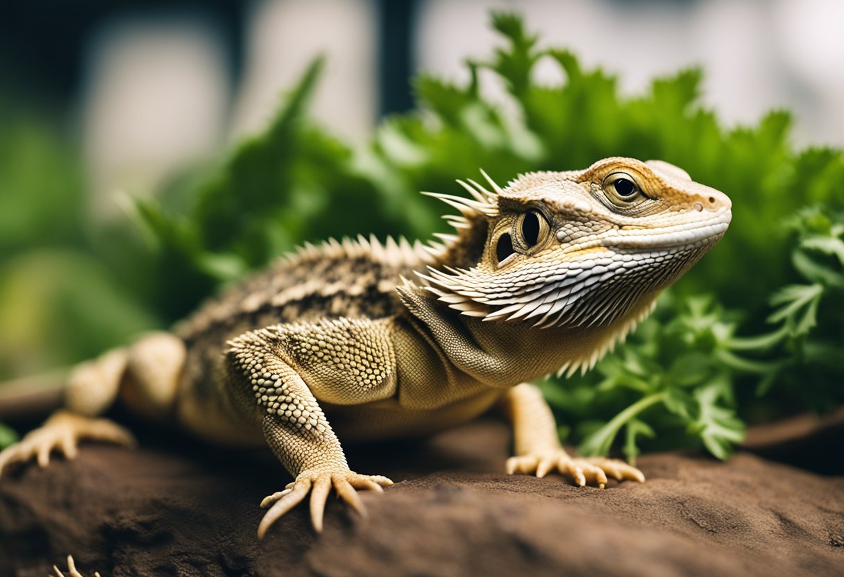 A bearded dragon surrounded by uneaten cilantro, with a listless and disinterested expression, and a visibly protruding rib cage