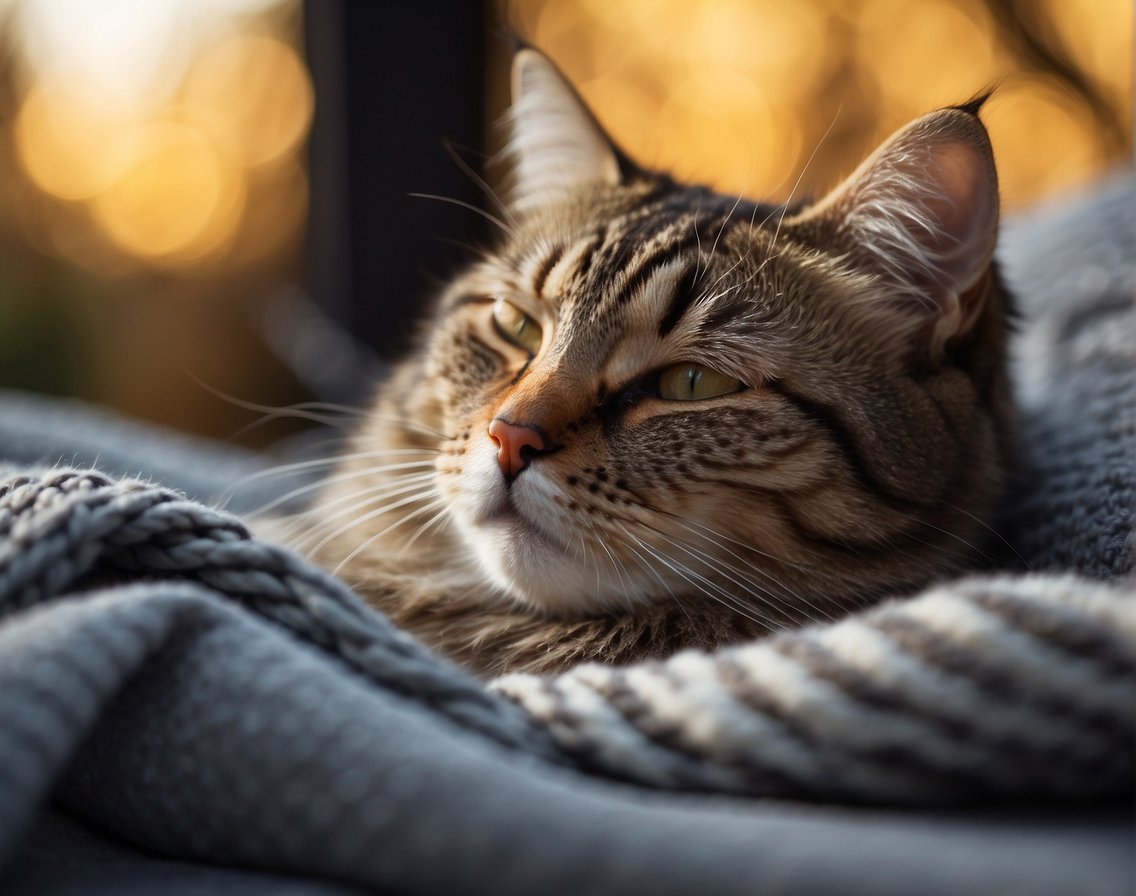 A contented cat with closed eyes, softly purring while curled up on a cozy blanket in a warm and peaceful environment