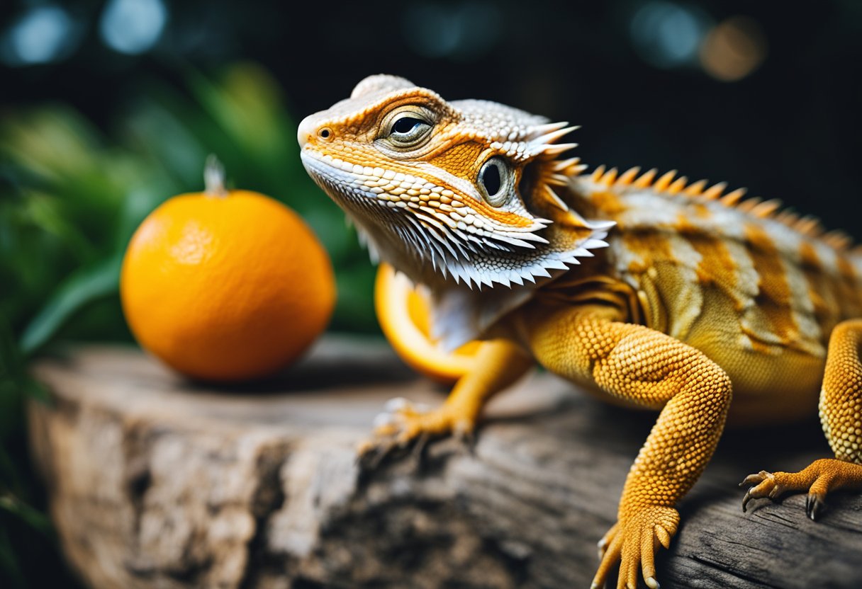 A bearded dragon munches on a juicy orange, its tongue flicking out to taste the sweet fruit