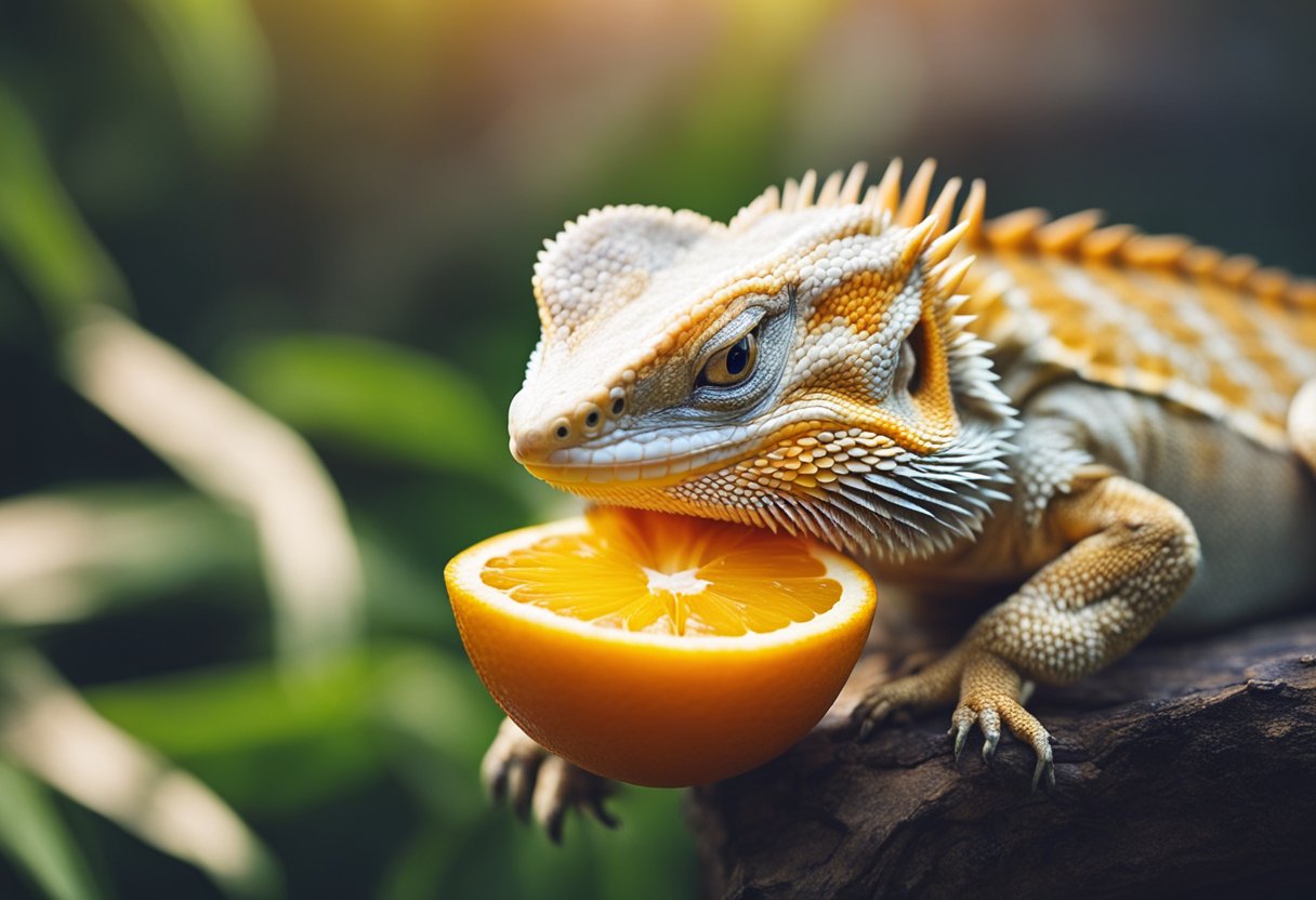A bearded dragon eagerly eats an orange slice, its tongue flicking out to catch the juicy fruit