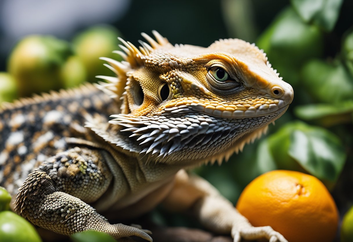 A bearded dragon surrounded by various fruits, with a focus on oranges. The dragon is inspecting the oranges with curiosity