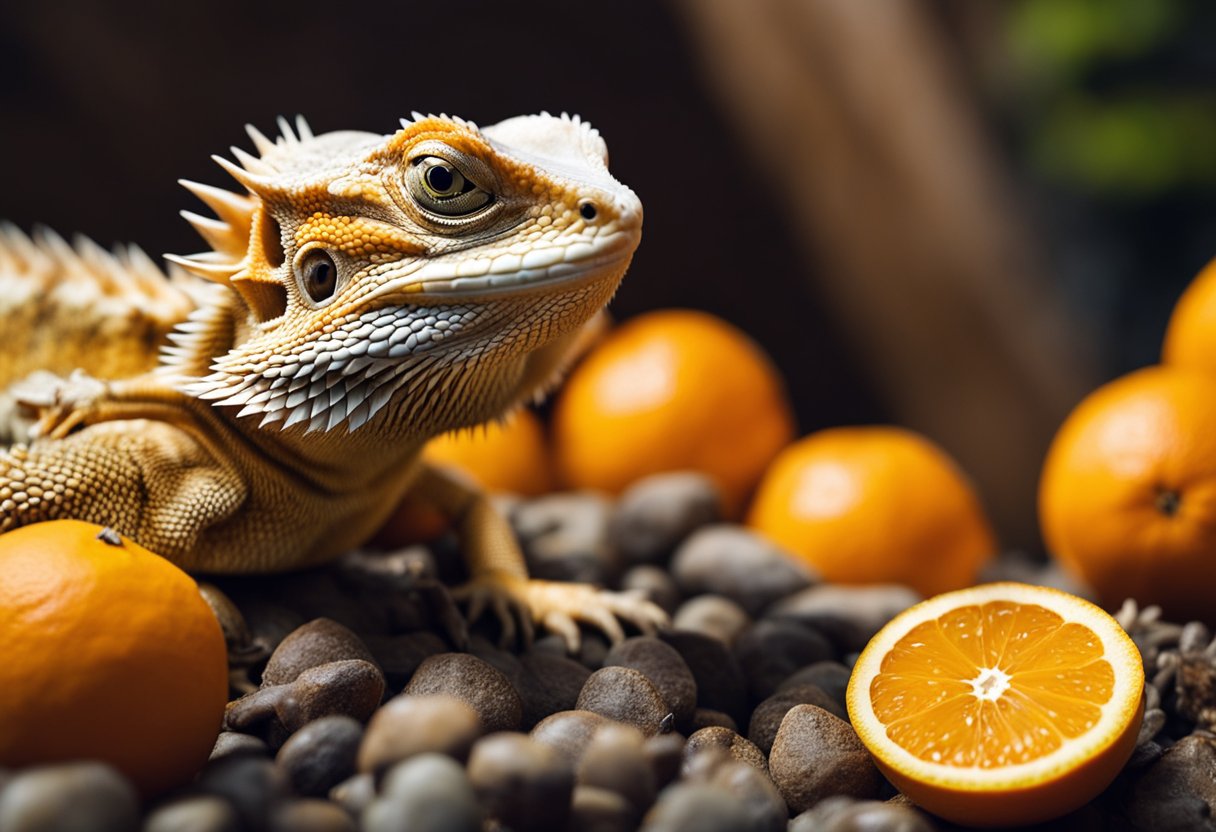 A bearded dragon sits near a pile of oranges, its head raised and eyes alert. Its body appears healthy and active
