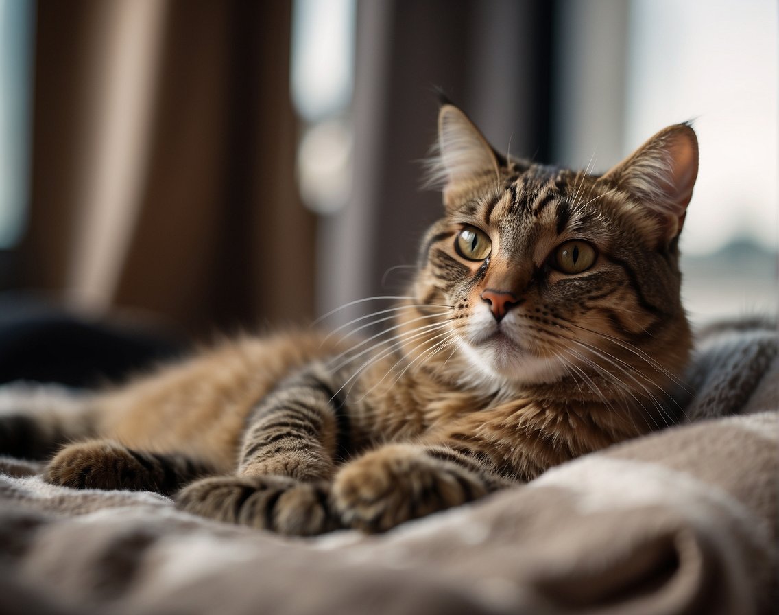 A contented cat sits on a cozy blanket, purring softly. It gazes out the window, tail flicking lazily, as it enjoys a moment of peace and relaxation