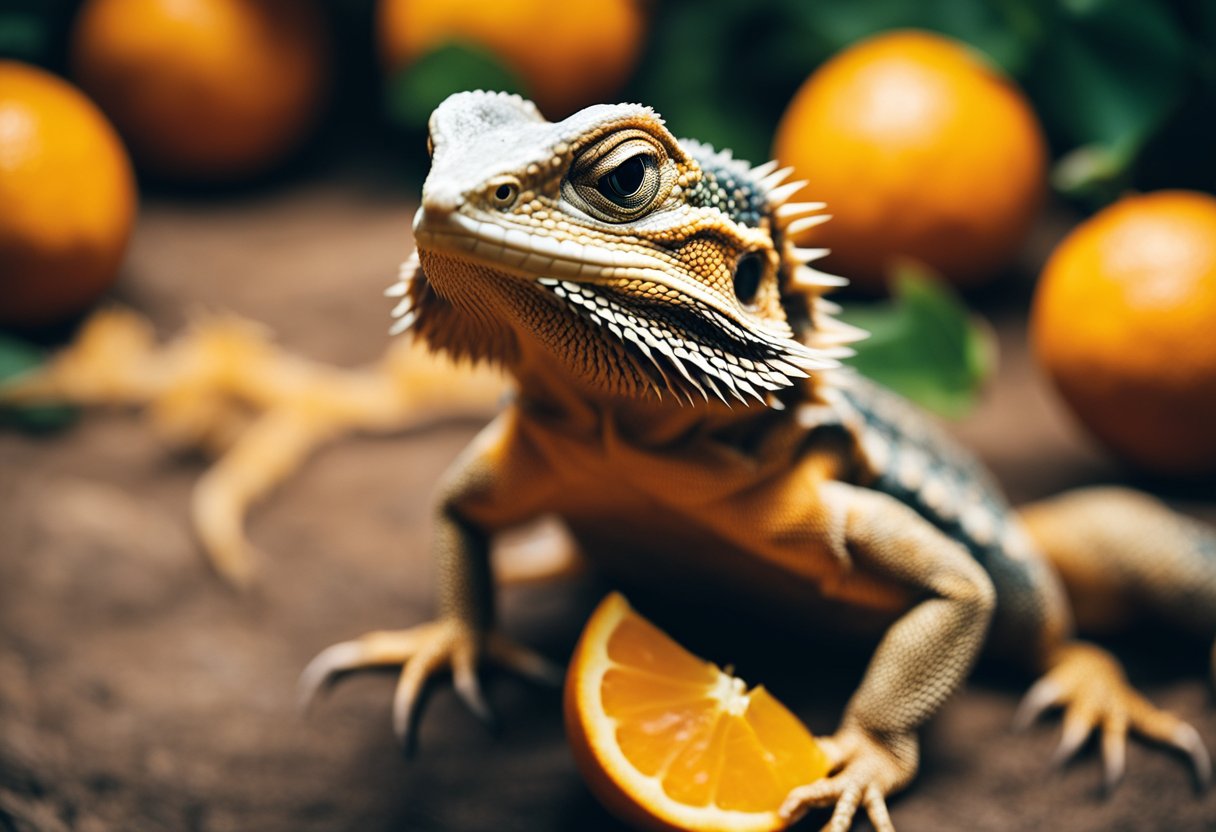 A bearded dragon surrounded by oranges, with a curious expression on its face