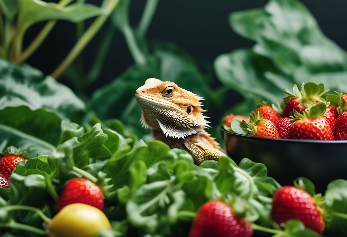 A bearded dragon surrounded by leafy greens and insects, with a bowl of strawberries nearby