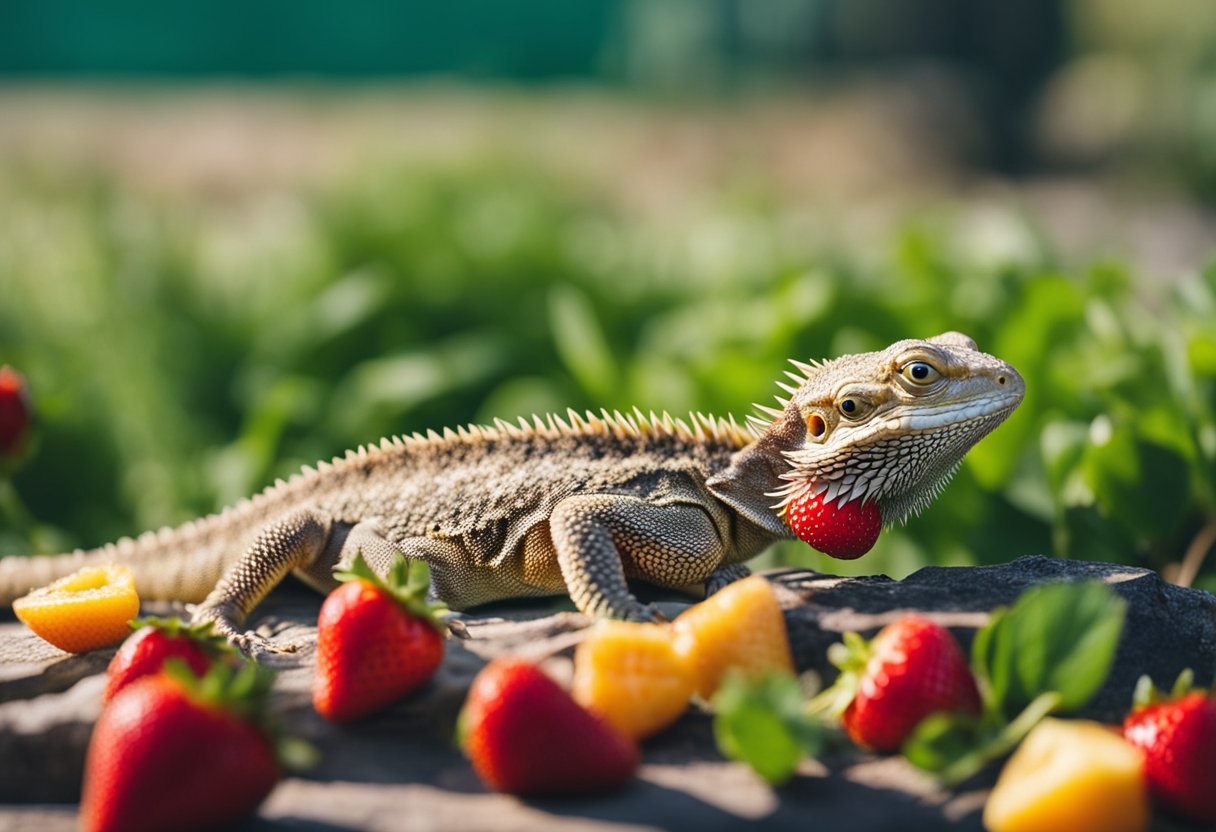 A bearded dragon eating strawberries according to feeding guidelines