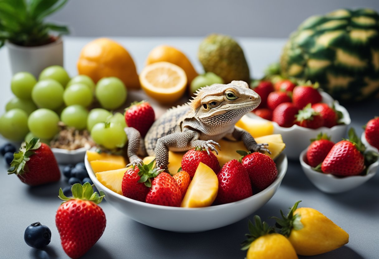 A bearded dragon surrounded by various fruits, with a question mark over a bowl of strawberries
