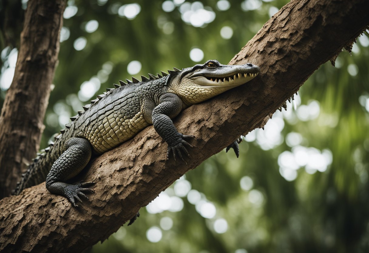 A crocodile scales a tree, its powerful limbs gripping the rough bark as it ascends