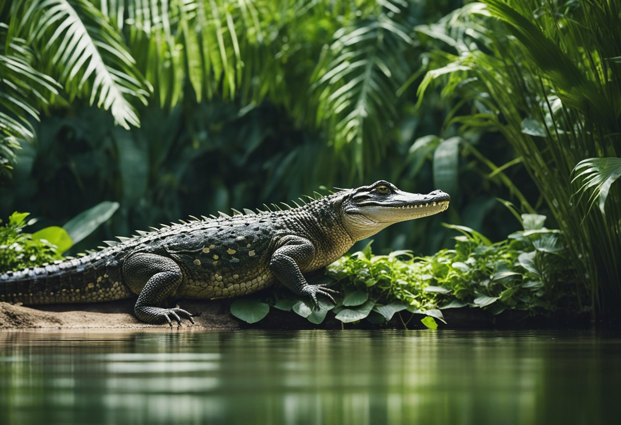 Crocodiles climb trees in a lush, tropical habitat with dense foliage and a nearby body of water. The environment is teeming with life, including various plants, insects, and other wildlife