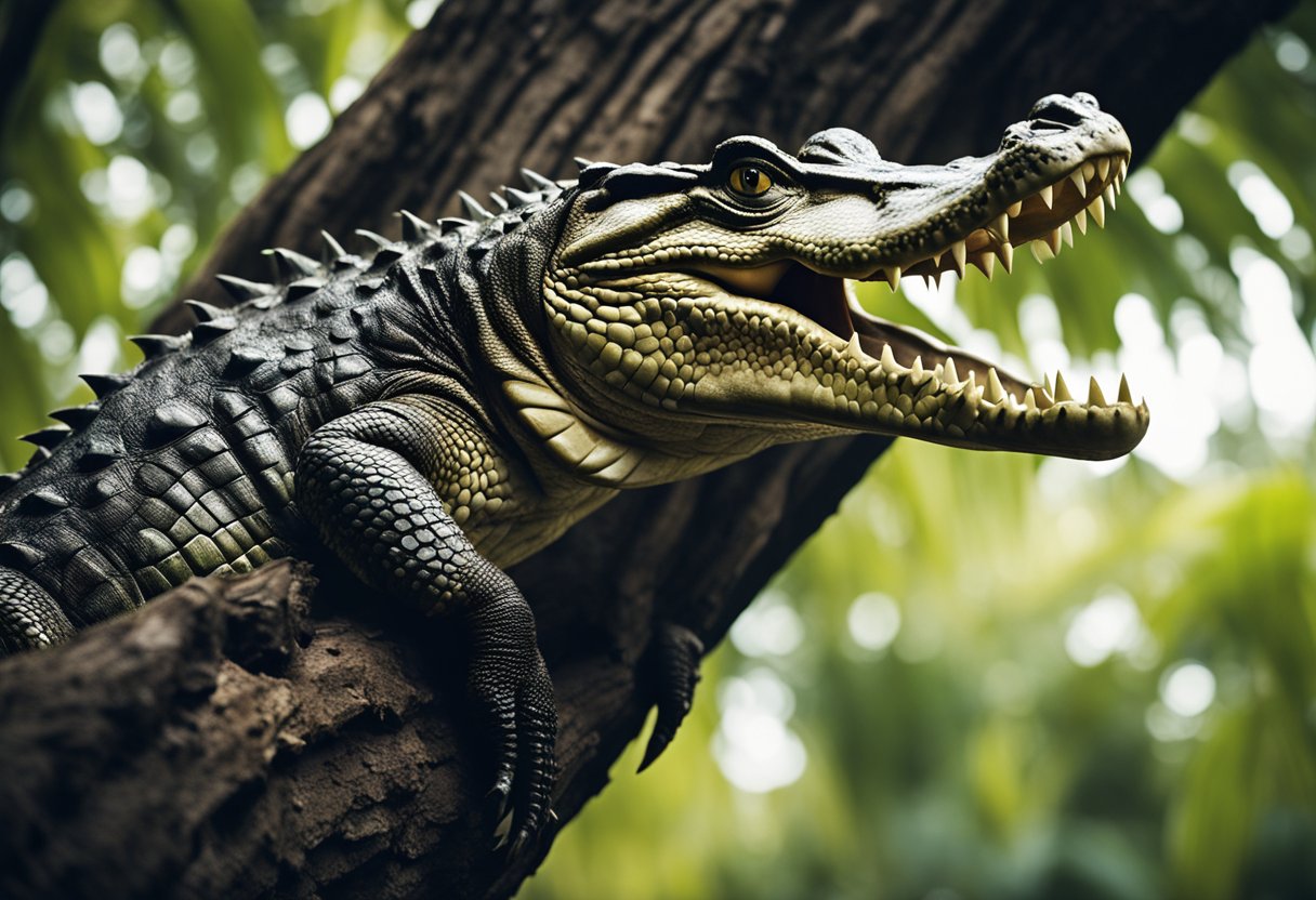 A large crocodile scales a tall tree, its powerful claws gripping the rough bark as it ascends with surprising agility
