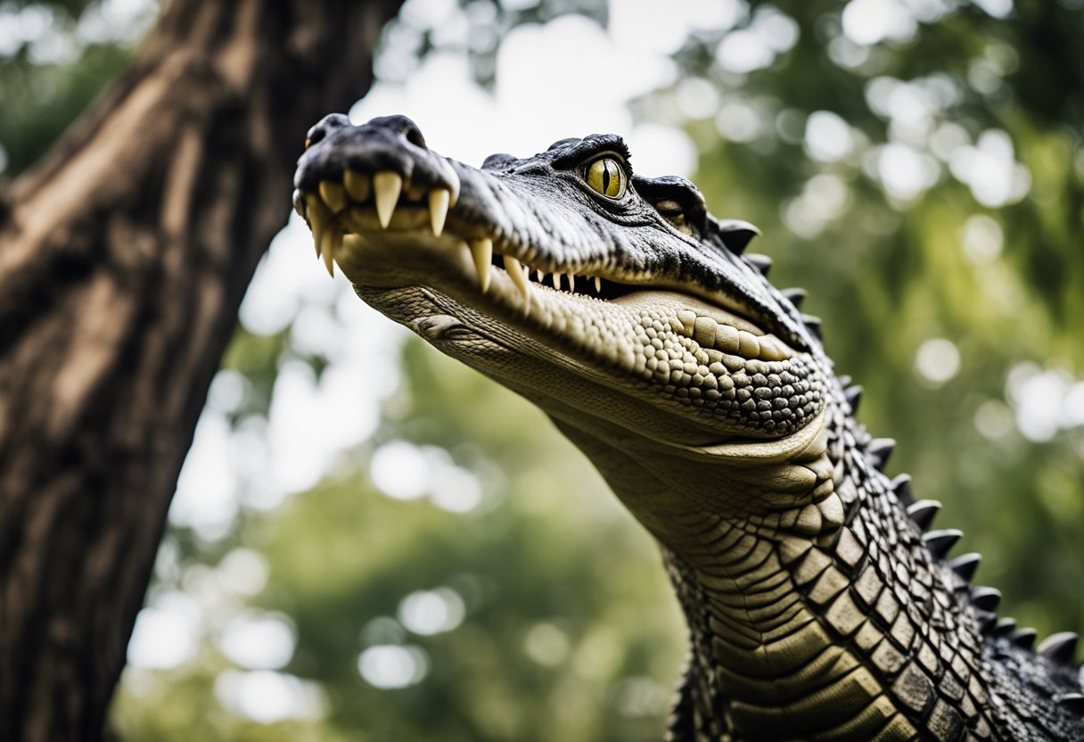A crocodile effortlessly scales a tall tree, its powerful limbs propelling it upwards. Its sharp eyes survey the surroundings, showcasing its surprising ability to climb