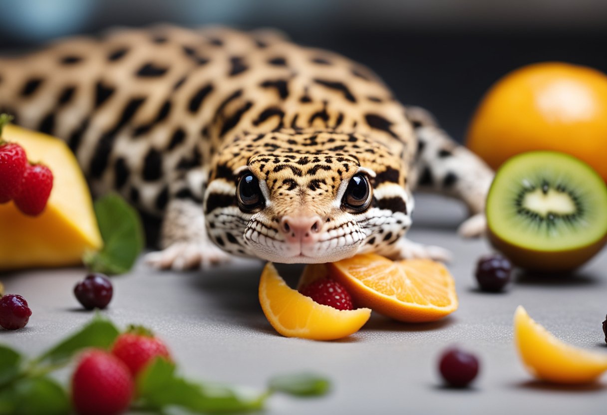 A leopard gecko eats a slice of fruit on a flat surface