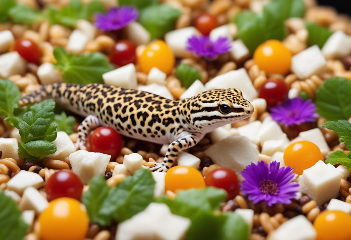 Leopard gecko surrounded by safe foods: mealworms, crickets, and small insects. No fruits in sight