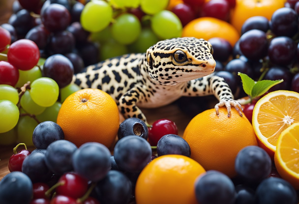 Leopard geckos surrounded by grapes, cherries, and citrus fruits, with a red "X" mark over them