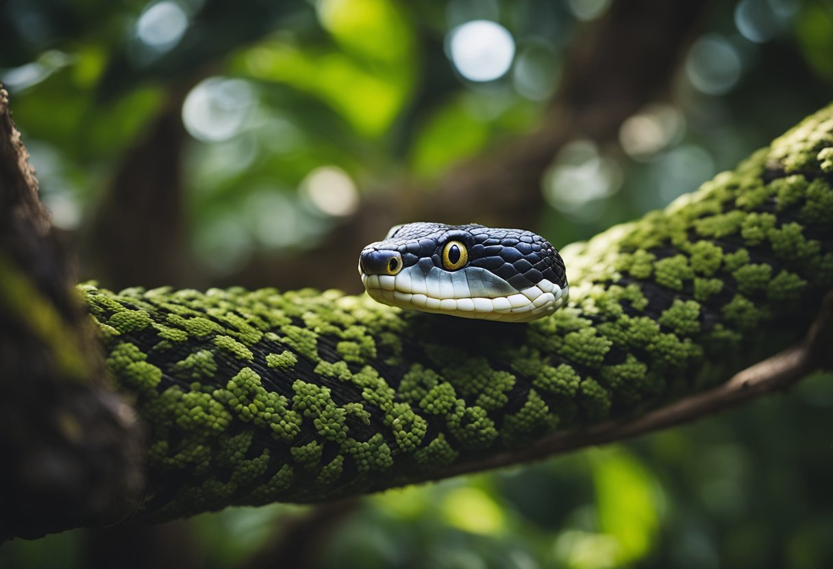 A snake coiling around a tree, with its tongue flicking out and eyes focused, indicating curiosity and possibly emotion
