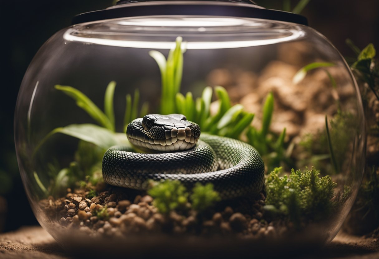 A snake curled in a cozy terrarium, basking under a heat lamp. A small dish of fresh water and a pile of soft bedding nearby
