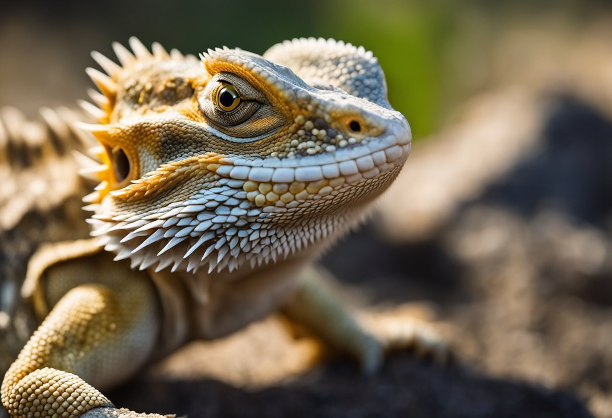 A bearded dragon opens its mouth to reveal rows of sharp teeth