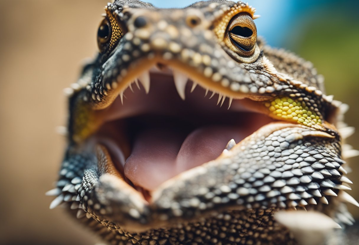 A bearded dragon's mouth opens to reveal rows of small, pointed teeth