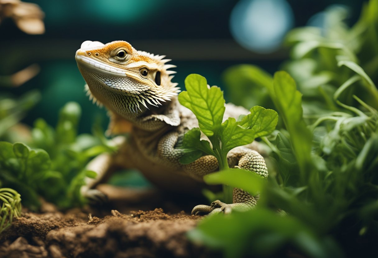 A bearded dragon with open mouth displaying teeth while eating leafy greens and insects in a terrarium