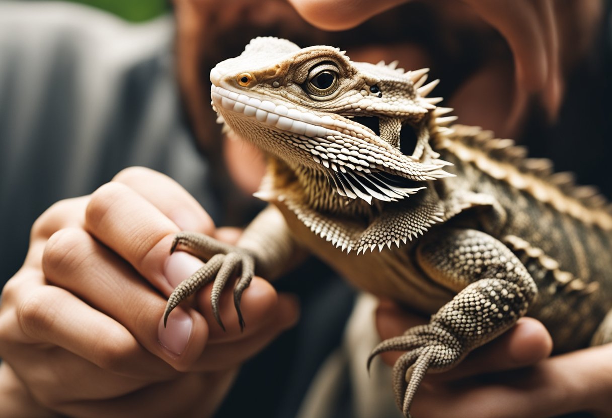 A bearded dragon opens its mouth to reveal rows of small, sharp teeth while being handled by a person