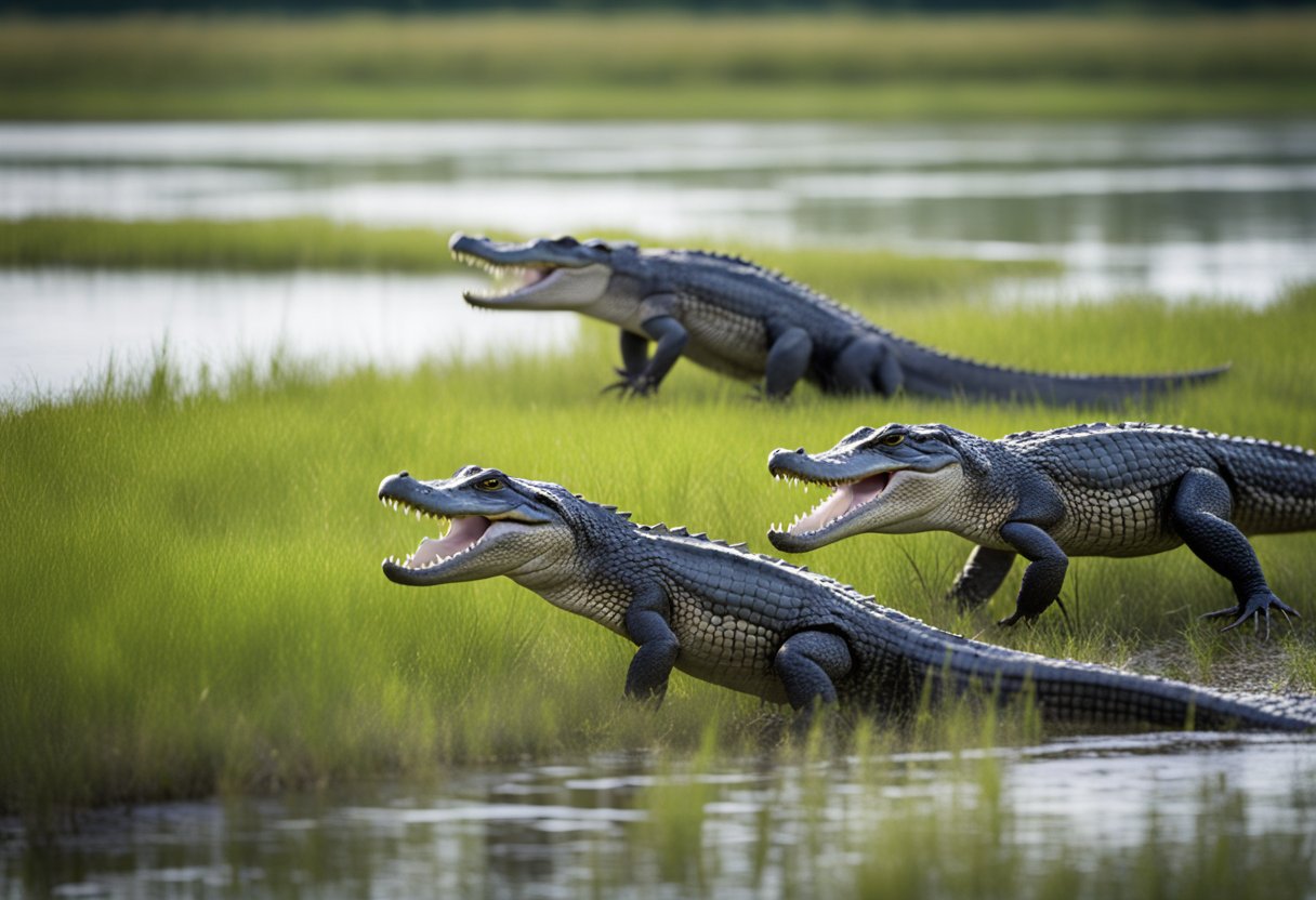 Alligators sprint across the marshy terrain, their powerful legs propelling them forward with surprising speed