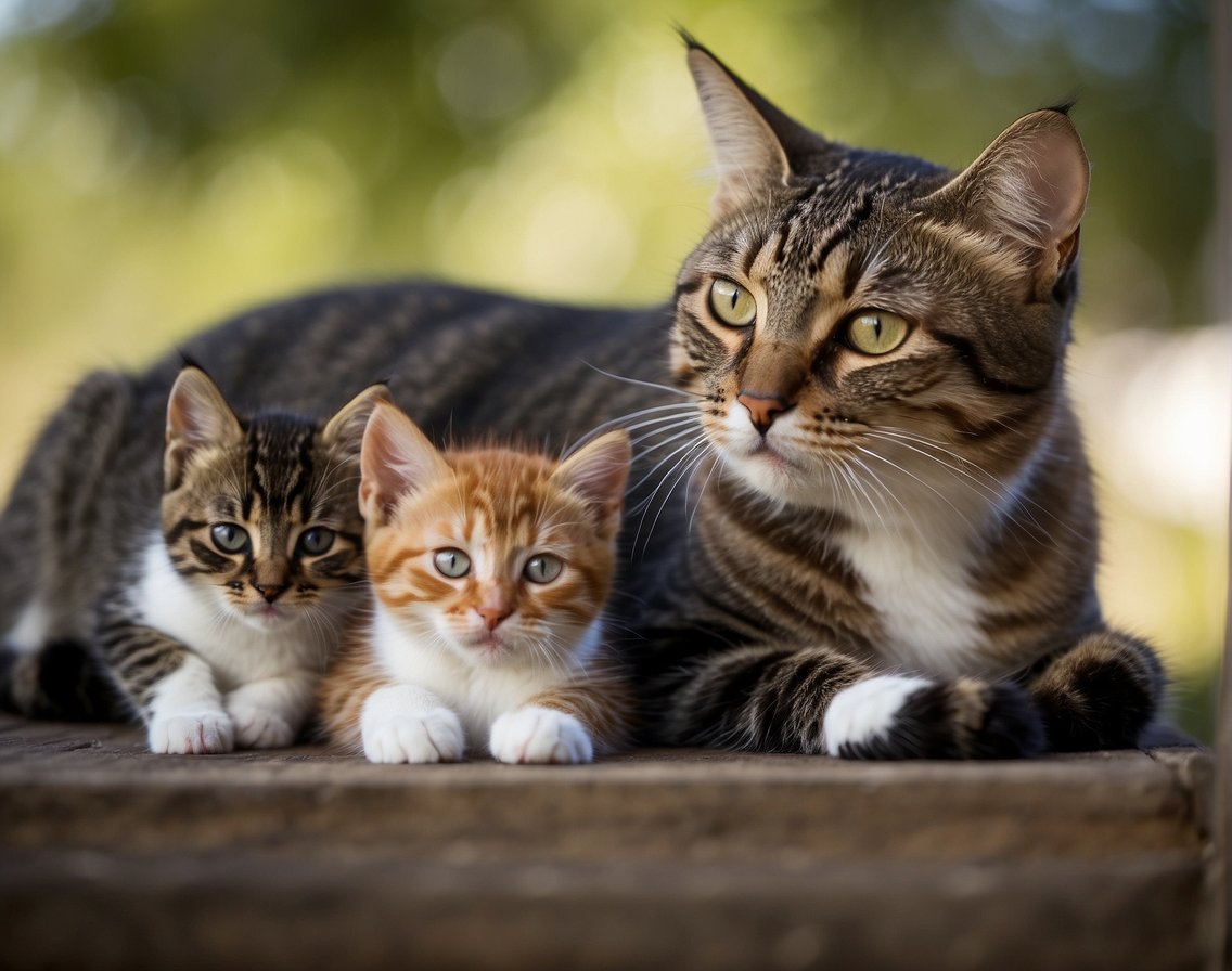 A male cat nuzzles and licks a group of kittens, purring softly as he watches over them with a protective and nurturing demeanor